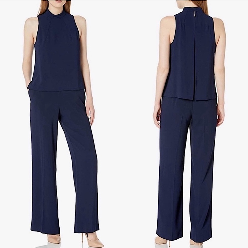 Trina Turk Marissa Jumpsuit Sleeveless Mock Neck Popover Split Back Navy‎ Blue 8